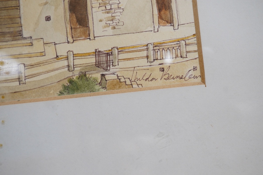 20th century School, Continental townscape with villas, indistinctly signed lower right, ink and watercolour, 33 x 16cm